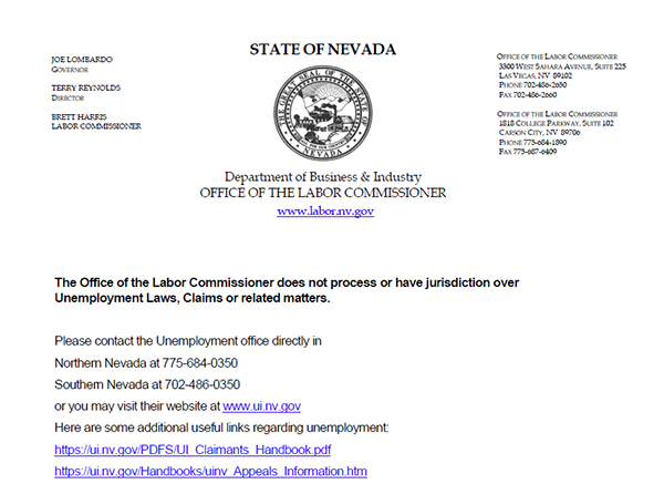 Office of the Labor Commissioner does not have anything to do with unemployment claims or related matters